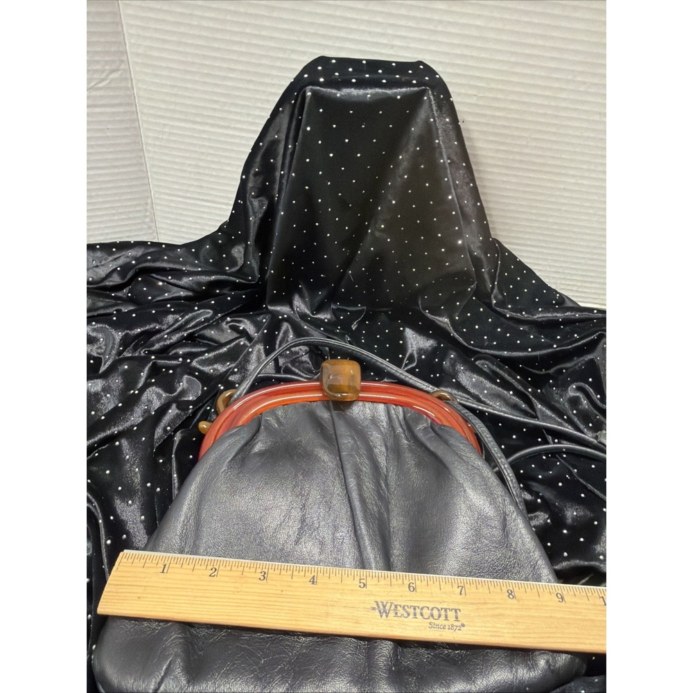 Vintage Ande' Leather Black Bakelite Snap Closure Purse Bag Silk Lining 1960s - Picture 15 of 16